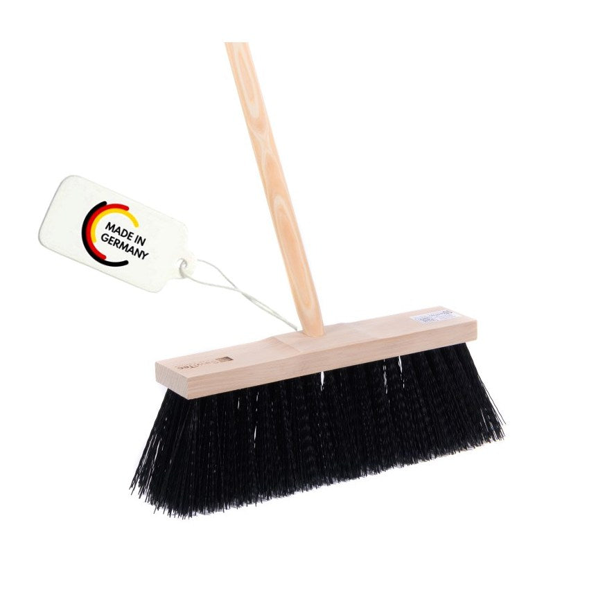 Special broom for rough work, street broom, long plastic bristles, black with handle/wooden handle
