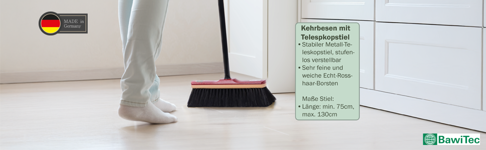 Room broom 30cm real horsehair bristles, very soft, including adjustable telescopic handle