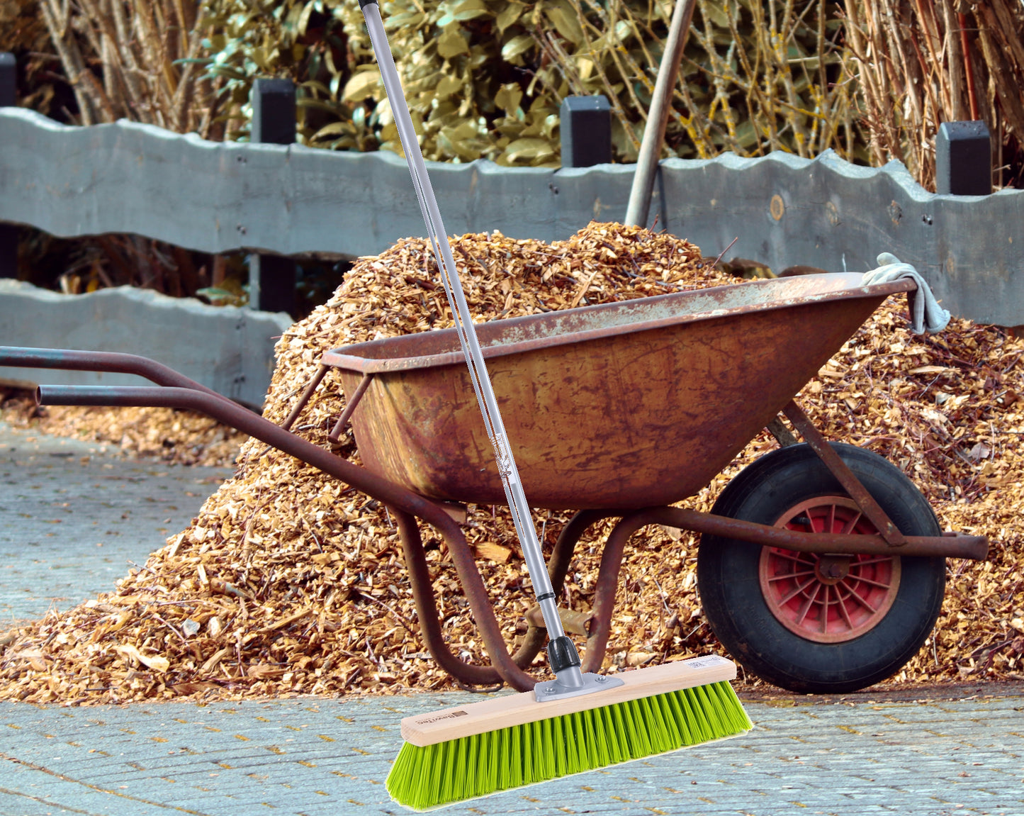 Street broom Elaston neon green with telescopic handle, infinitely adjustable garden broom
