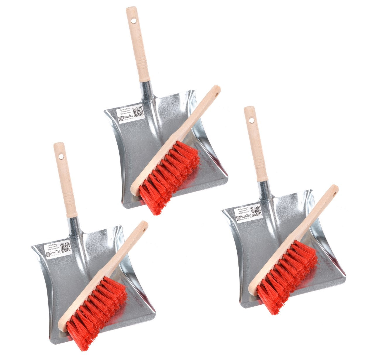 Klassiker! 3 Stück Kehrgarnitur Kunststoff-Borsten rot Handfeger 28cm und Metall-Kehrschaufel