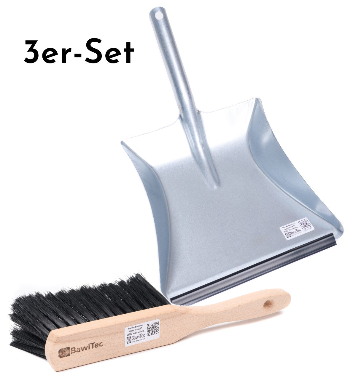 3 Stück Kehrgarnitur Industrie-Kehrset Kunsthaar-Borsten Handfeger 28cm und Metall-Kehrschaufel mit Lippe
