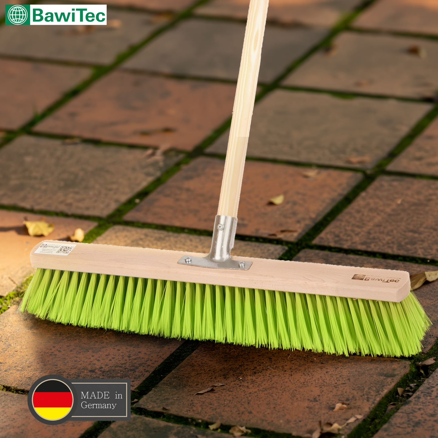 Professional street broom Eralon-Elaston bristles neon green with sturdy handle wooden handle garden broom