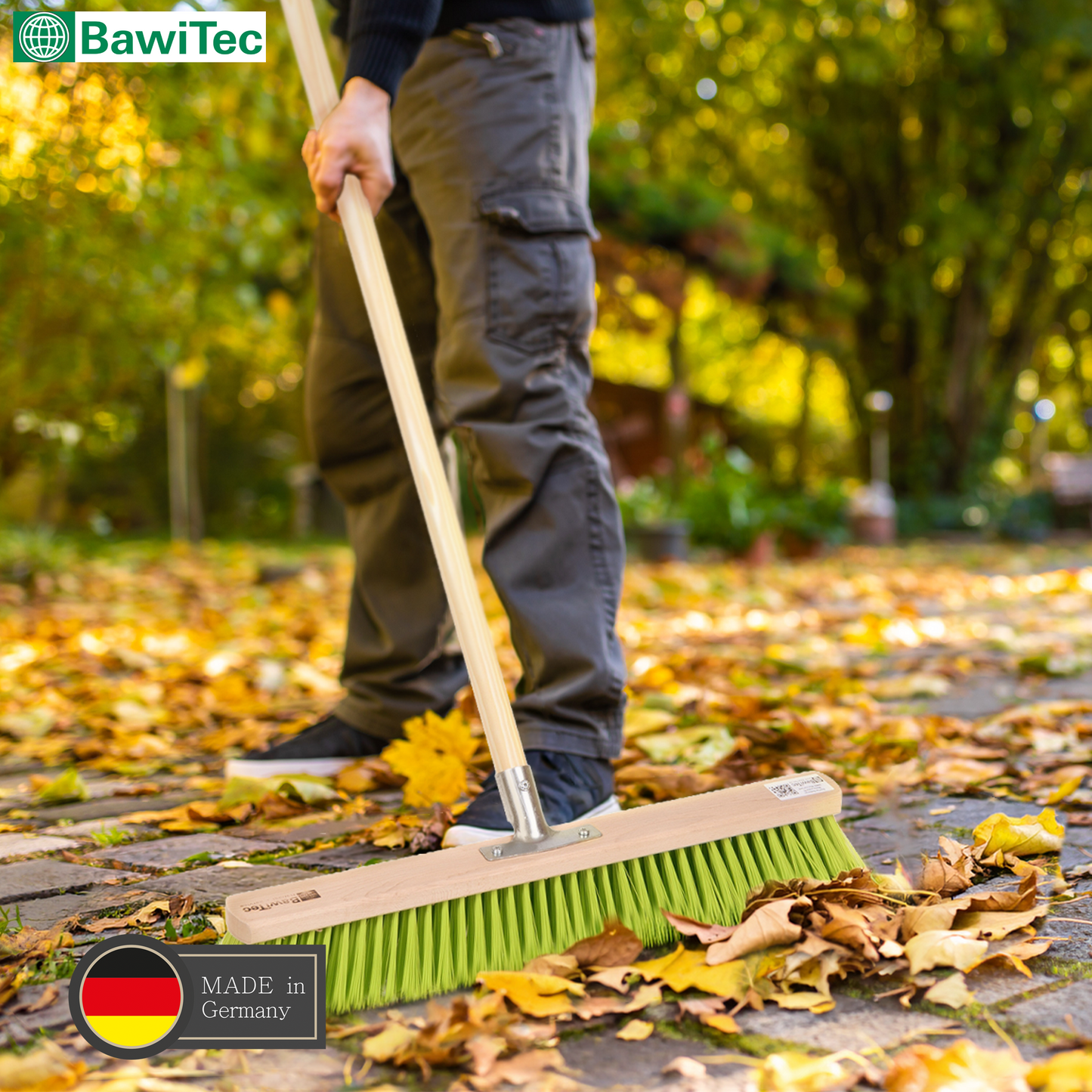 Professional street broom Eralon-Elaston bristles neon green with sturdy handle wooden handle garden broom