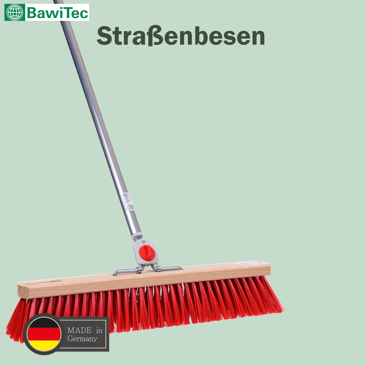 Professioneller Straßenbesen Elaston-Kunststoff-Borsten rot mit 4-Loch-Wechselsystem und Aluminiumstiel Länge 145cm