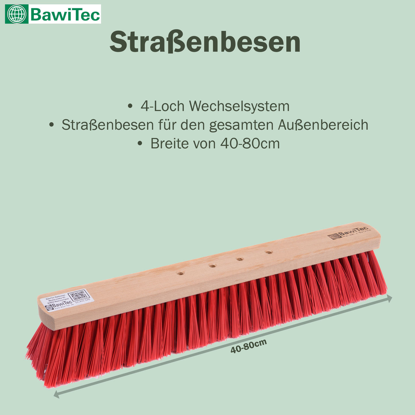 Professioneller Straßenbesen Elaston-Kunststoff-Borsten rot mit 4-Loch-Wechselsystem und Aluminiumstiel Länge 145cm