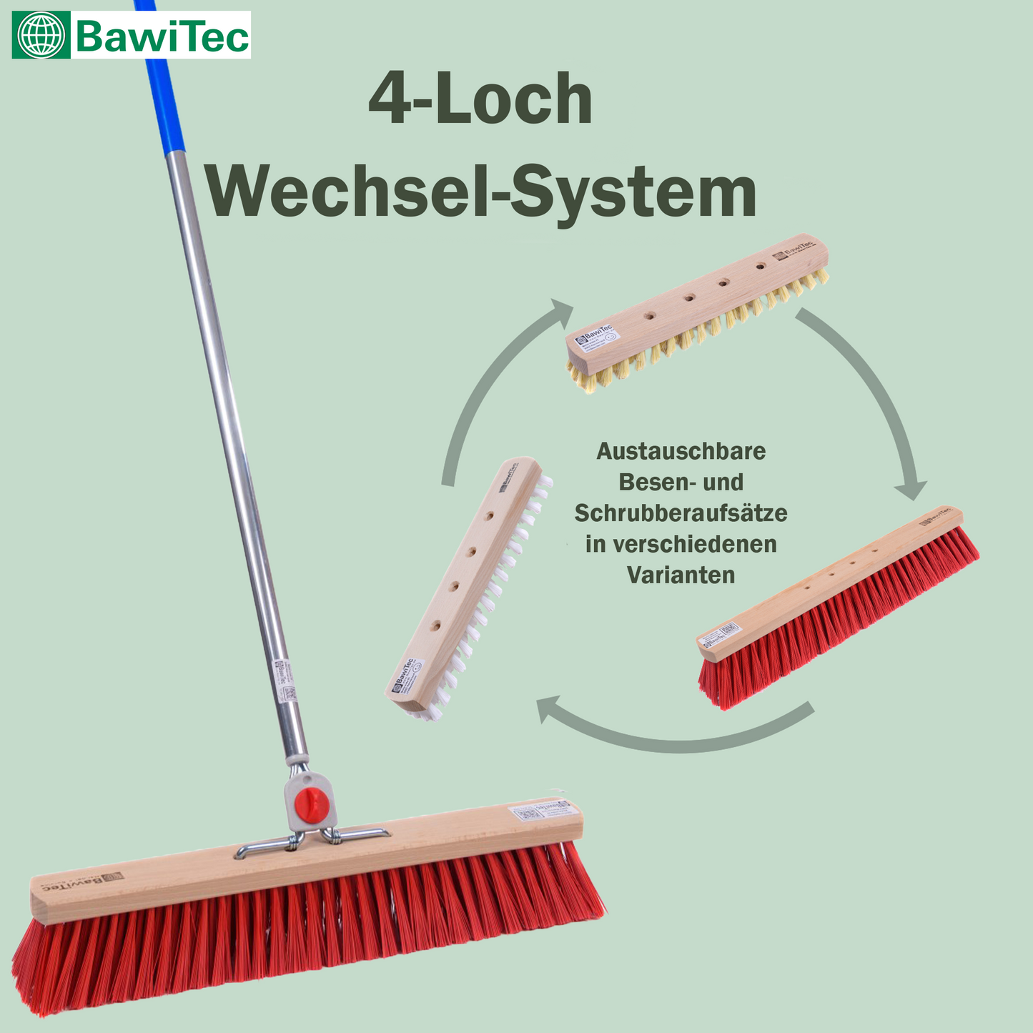 Professioneller Straßenbesen Elaston-Kunststoff-Borsten rot mit 4-Loch-Wechselsystem und Aluminiumstiel Länge 145cm