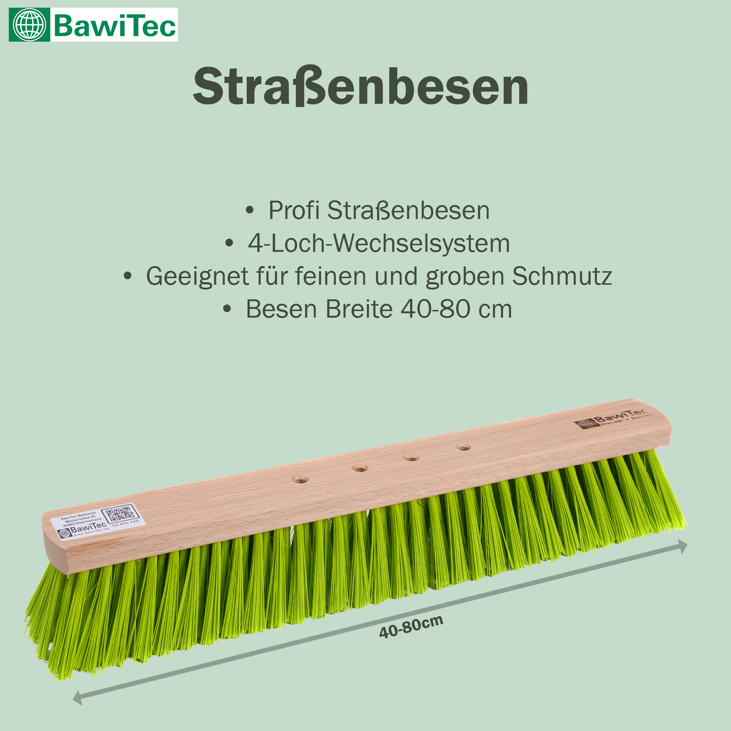 Qualitäts Straßenbesen Elaston-Borsten neongrün mit 4-Loch-Wechselsystem und passendem Aluminiumstiel wechselbar