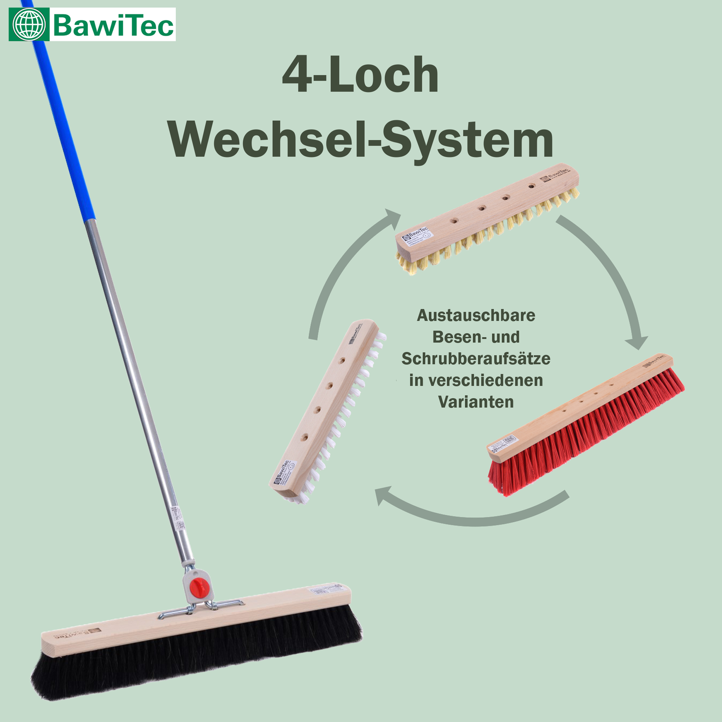 Naturhaar-Rosshaarbesen mit 4-Loch-Wechselsystem und Aluminiumstiel Saalbesen Metallstiel