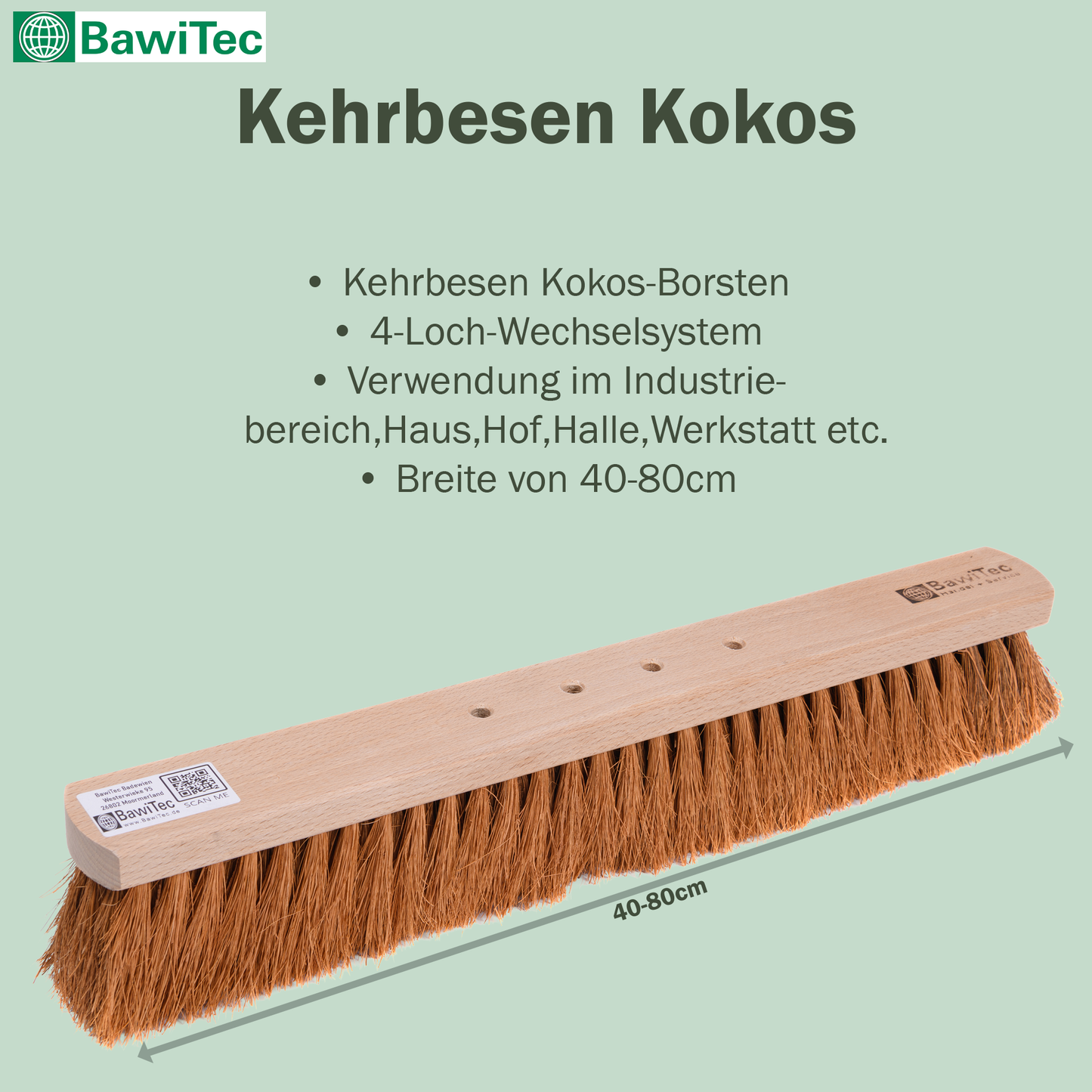 Kehrbesen Kokos-Borsten mit 4-Loch-Wechselsystem und Stiel 145cm Länge Naturfaser-Besen Kokosbesen