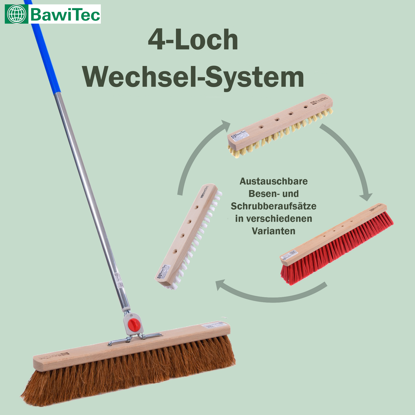 Kehrbesen Kokos-Borsten mit 4-Loch-Wechselsystem und Stiel 145cm Länge Naturfaser-Besen Kokosbesen