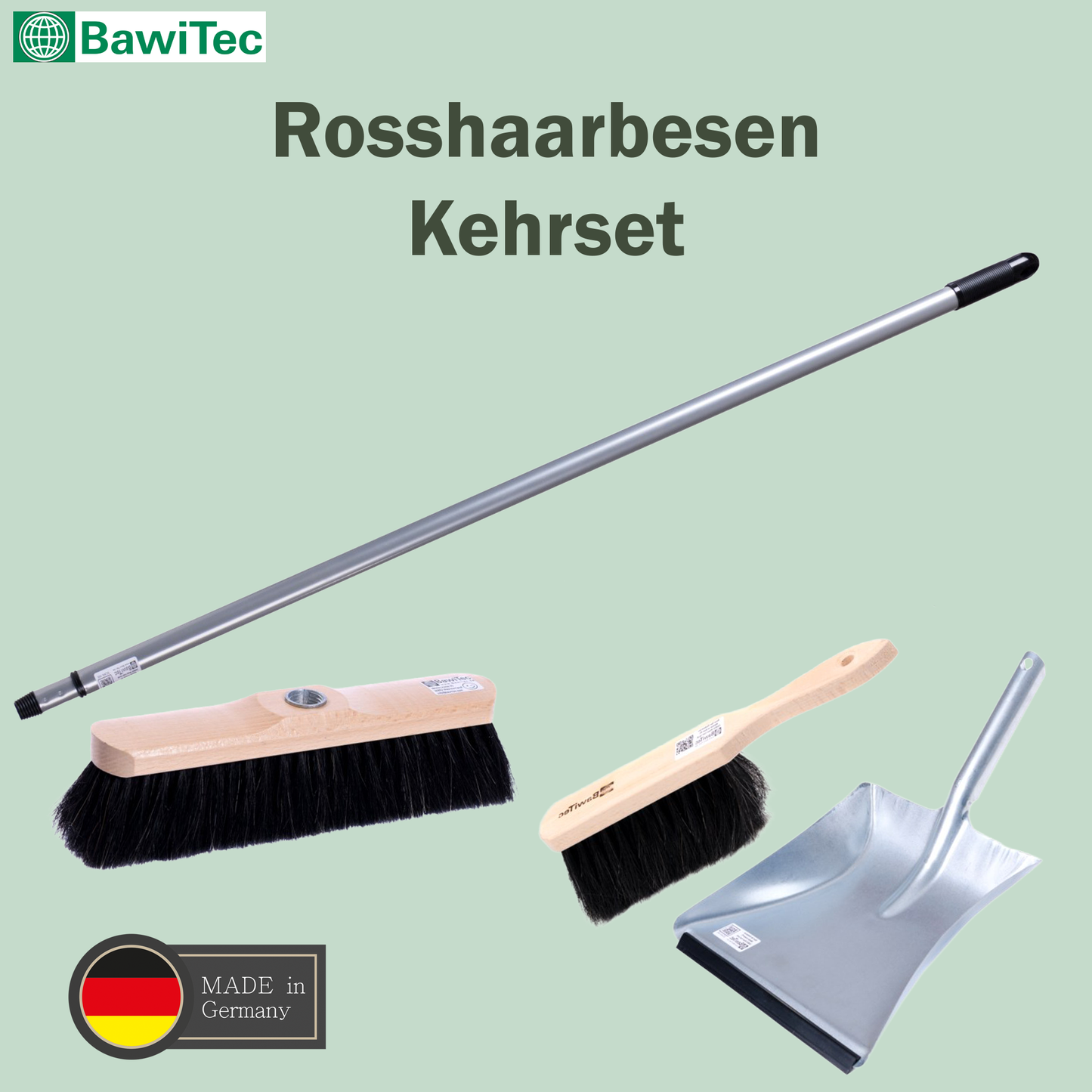 Rosshaarbesen Kehrset Komplett-Set inkl. Teleskopstiel Handfeger und Kehrschaufel