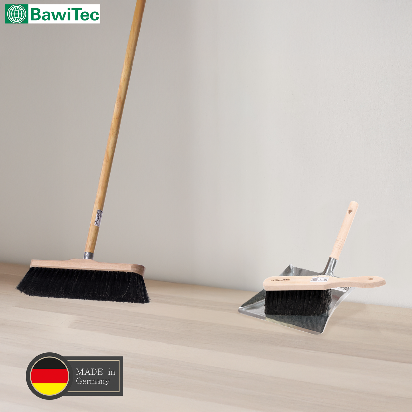 Hochwertiges Komplett-Set Rosshaarbesen Zimmerbesen mit Holzstiel Handfeger und Kehrschaufel