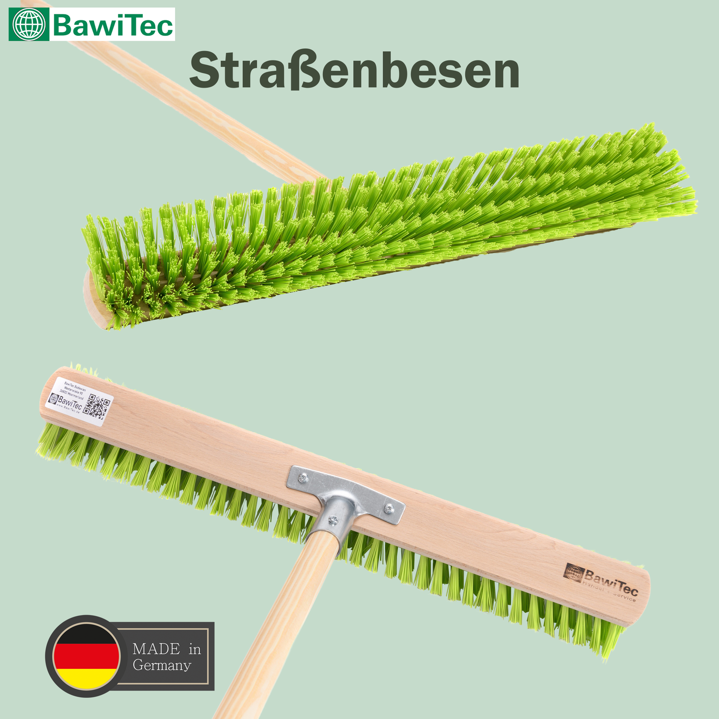 Professional street broom Eralon-Elaston bristles neon green with sturdy handle wooden handle garden broom