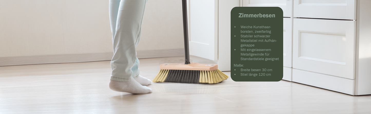 Qualitäts Zimmerbesen Kehrbesen 30cm Kunsthaar-Borsten weich mit Stiel Metallstiel 120cm Lang