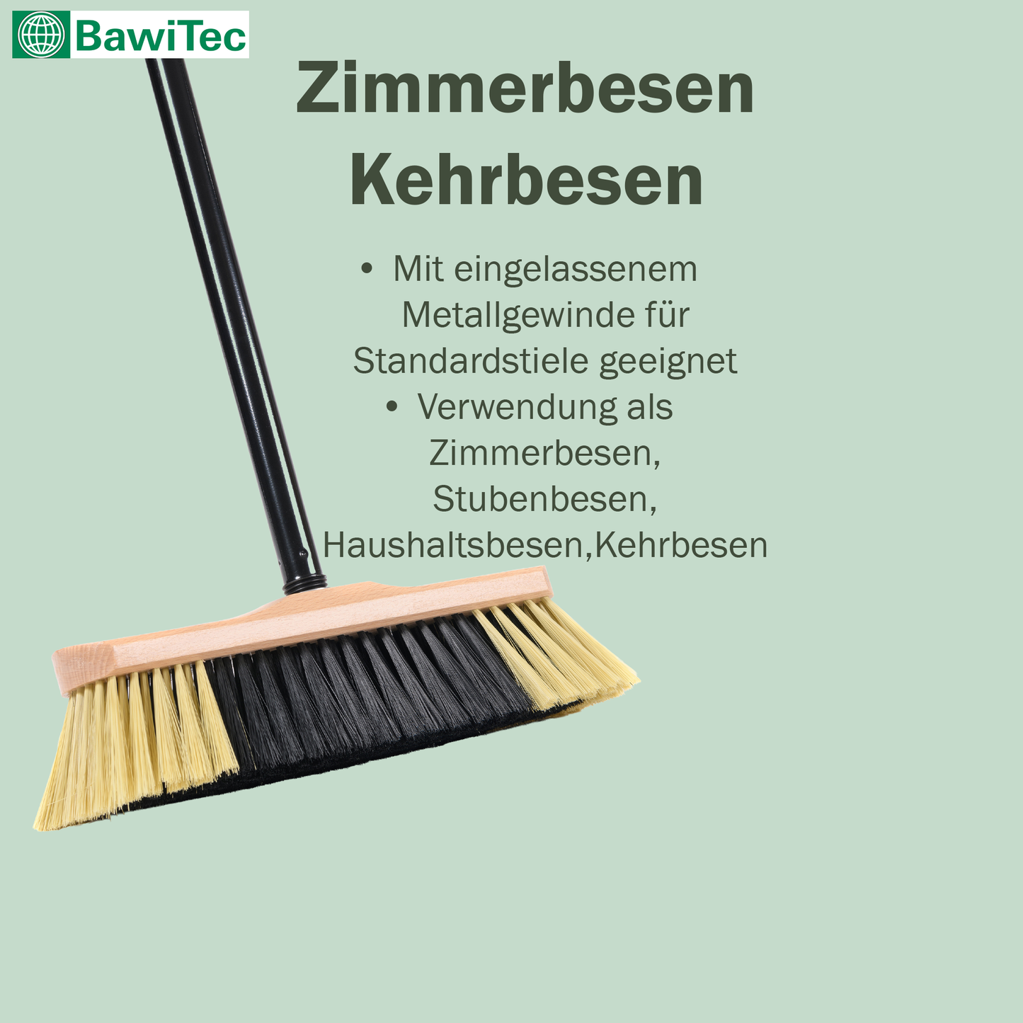 Qualitäts Zimmerbesen Kehrbesen 30cm lackiert mit Teleskopstiel Länge 130cm ausziehbar zweifarbige Borsten