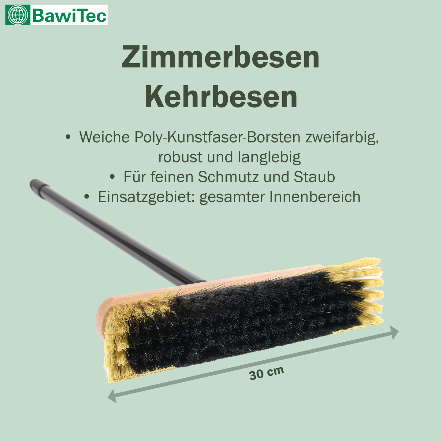 Qualitäts Zimmerbesen Kehrbesen 30cm lackiert mit Teleskopstiel Länge 130cm ausziehbar zweifarbige Borsten