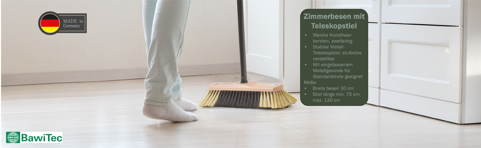 Qualitäts Zimmerbesen Kehrbesen 30cm lackiert mit Teleskopstiel Länge 130cm ausziehbar zweifarbige Borsten