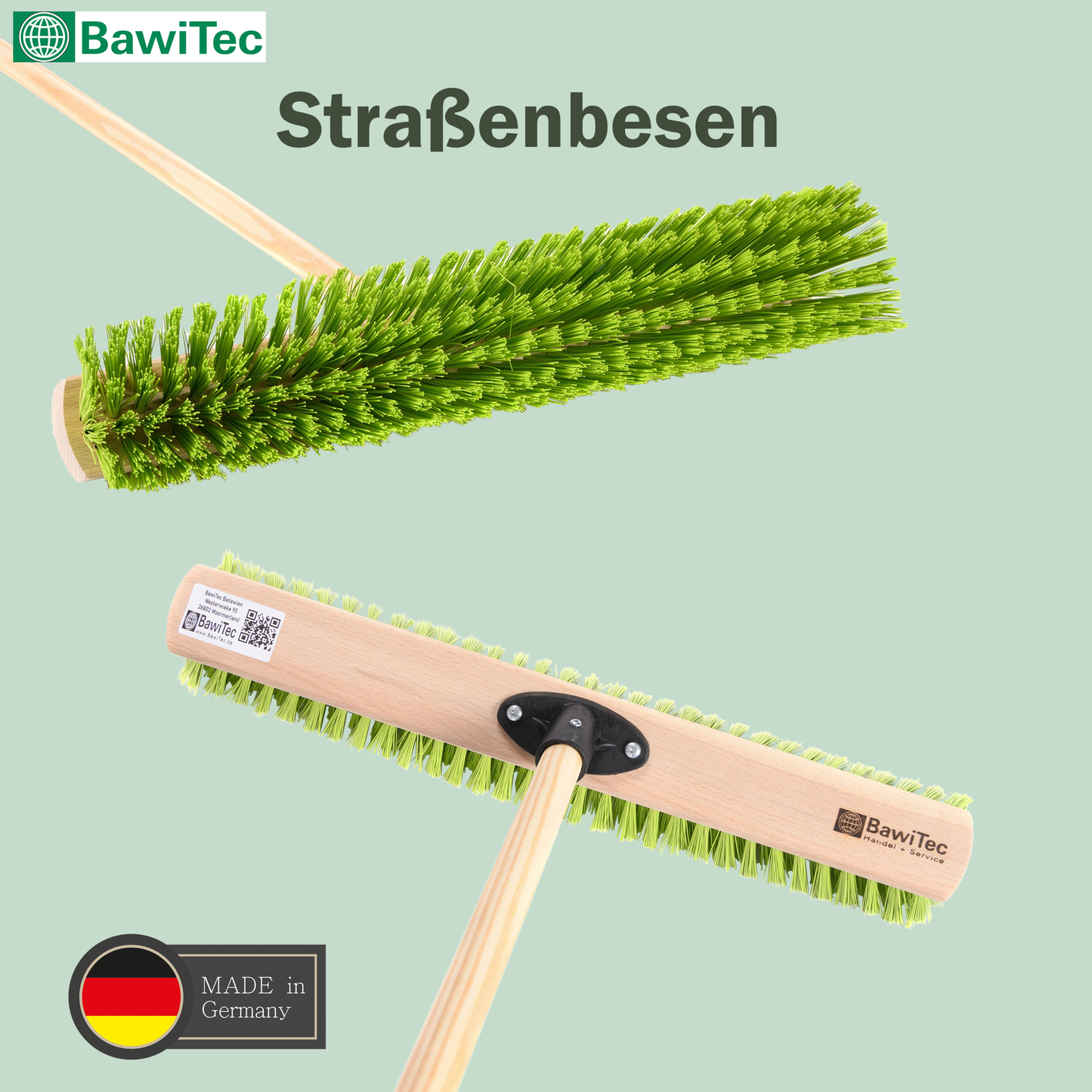 Profi Straßenbesen Eralon-Elaston-Borsten neongrün/grün mit Stiel Holzstiel Gartenbesen für draussen
