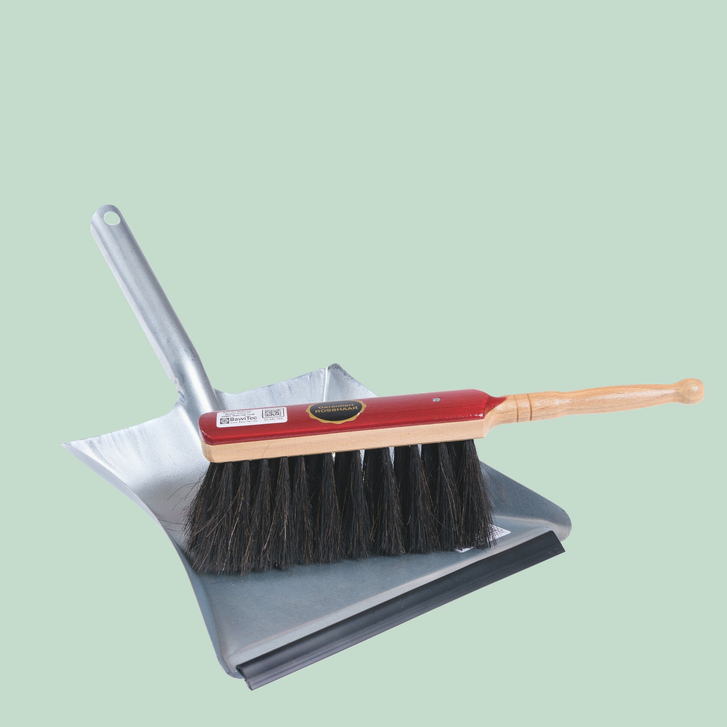 Hochwertige Kehrgarnitur Echt-Rosshaar-Borsten Kehrset 2tlg. Handfeger lackiert und Metall-Kehrschaufel mit Lippe