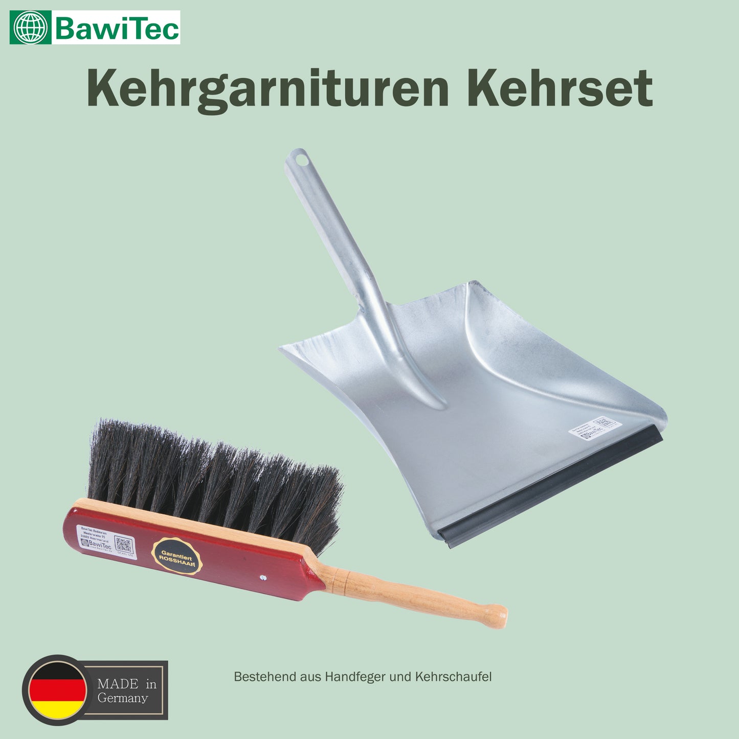 Hochwertige Kehrgarnitur Echt-Rosshaar-Borsten Kehrset 2tlg. Handfeger lackiert und Metall-Kehrschaufel mit Lippe