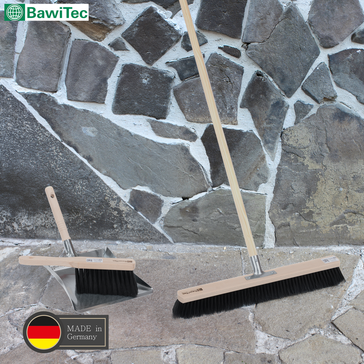Saalbesen Komplett Set 60 cm mit Handfeger, Kehrschaufel & Stiel