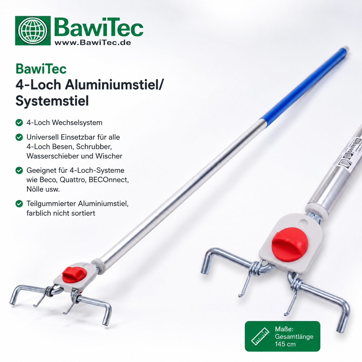 Aluminiumstiel 4-Loch Wechsel-System 145cm Lang Alu-Besenstiel 4-Loch-Stiel