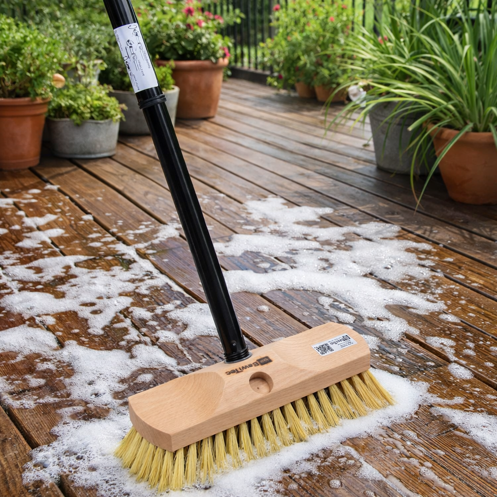 Allzweckschrubber 25cm Breit mit extra langen Naturfaser-Borsten mit Stiel Universalbürste