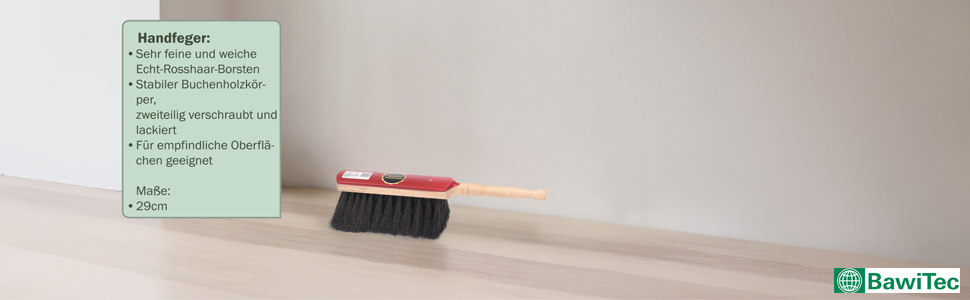 Hochwertige Kehrgarnitur Echt-Rosshaar-Borsten Kehrset 2tlg. Handfeger lackiert und Metall-Kehrschaufel mit Lippe