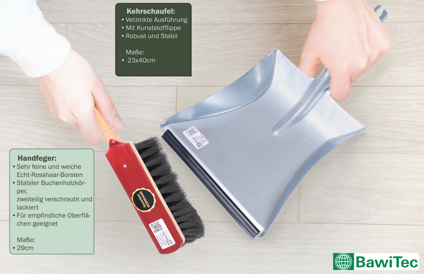 Real horsehair bristles, sweeping set, broom set, hand brush and metal dustpan, very soft