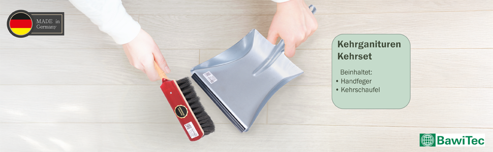 Hochwertige Kehrgarnitur Echt-Rosshaar-Borsten Kehrset 2tlg. Handfeger lackiert und Metall-Kehrschaufel mit Lippe