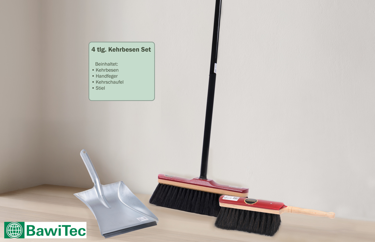 Real horsehair bristles, sweeping set, broom set, hand brush and metal dustpan, very soft