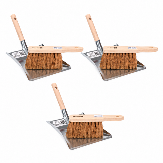 3er Kehrgarnitur Set mit Handfeger & Kehrschaufel aus Holz & Metall