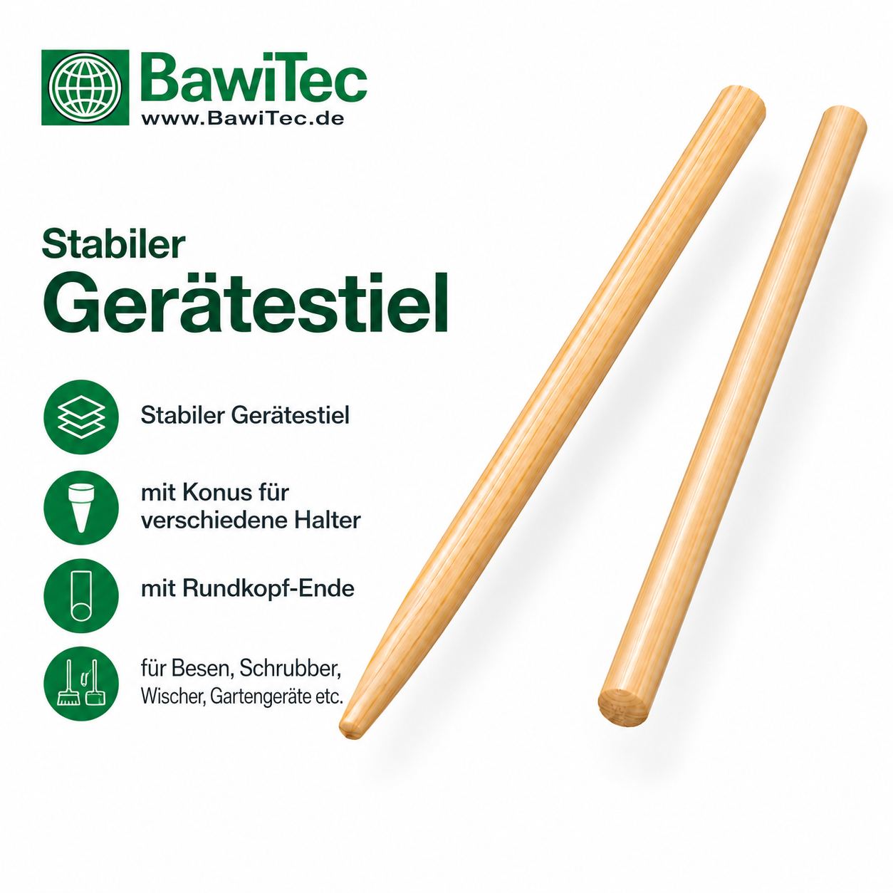 Geräte-Holzstiel Besenstiel Ø 28mm, mit Konus, Länge 140cm, 160cm Universal-Stiel für Besen etc.