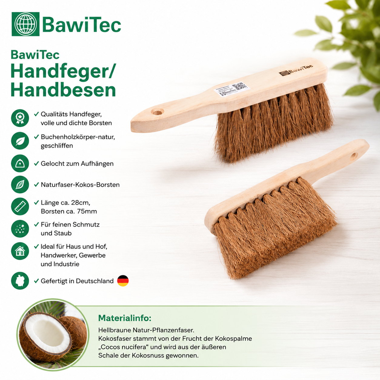 Qualitäts Kokos-Handfeger Industriehandfeger 28cm Lang Handwerkerbesen