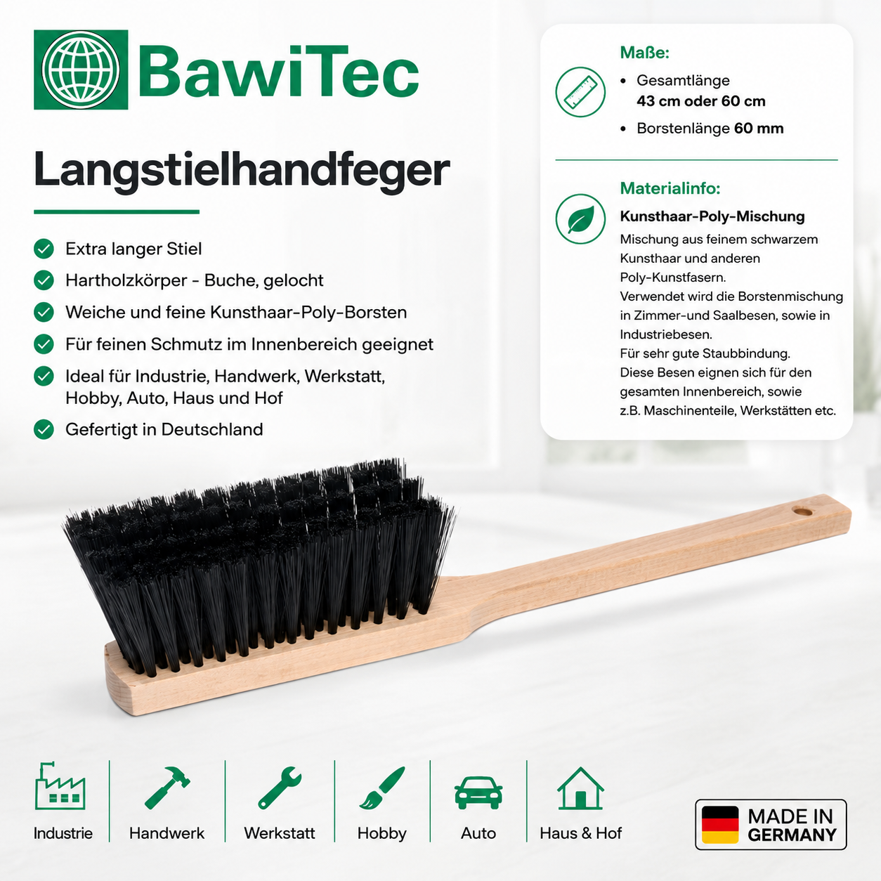 Qualitäts Handfeger mit Langstiel Kunsthaar-Borsten schwarz Sicherheitshandfeger Holzstiel