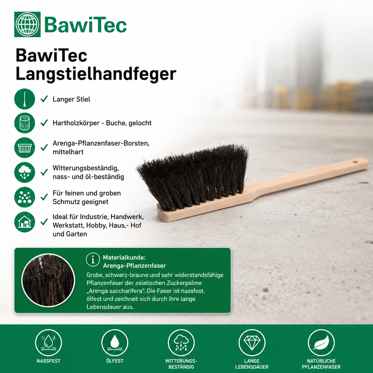 Handfeger mit Langstiel 43cm Lang Arenga-Borsten nass-ölbeständig Sicherheitshandfeger Handwerkerbesen