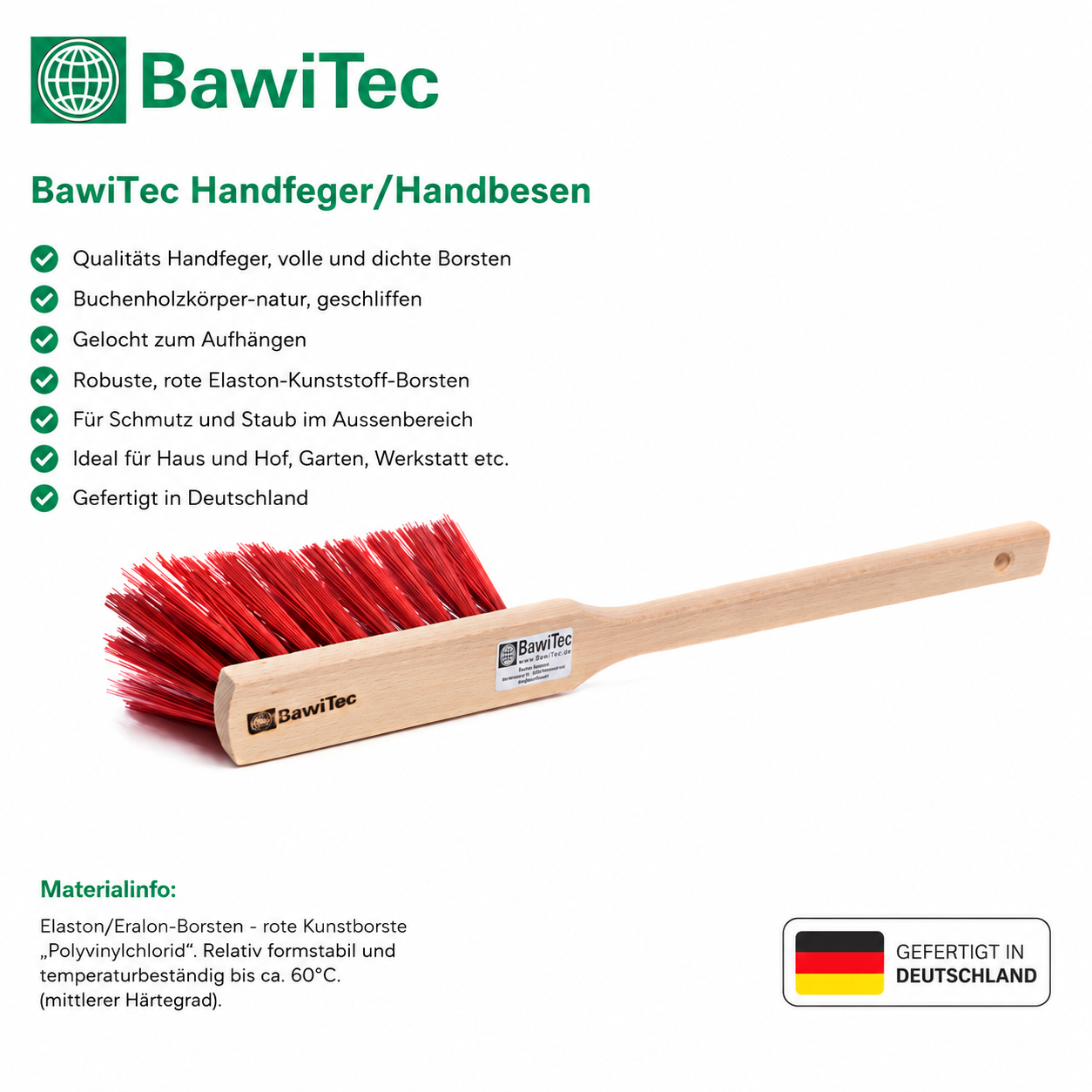 Qualitäts Handfeger mit Langstiel 43cm oder 60cm Lang Kunststoffborsten rot Sicherheitshandfeger