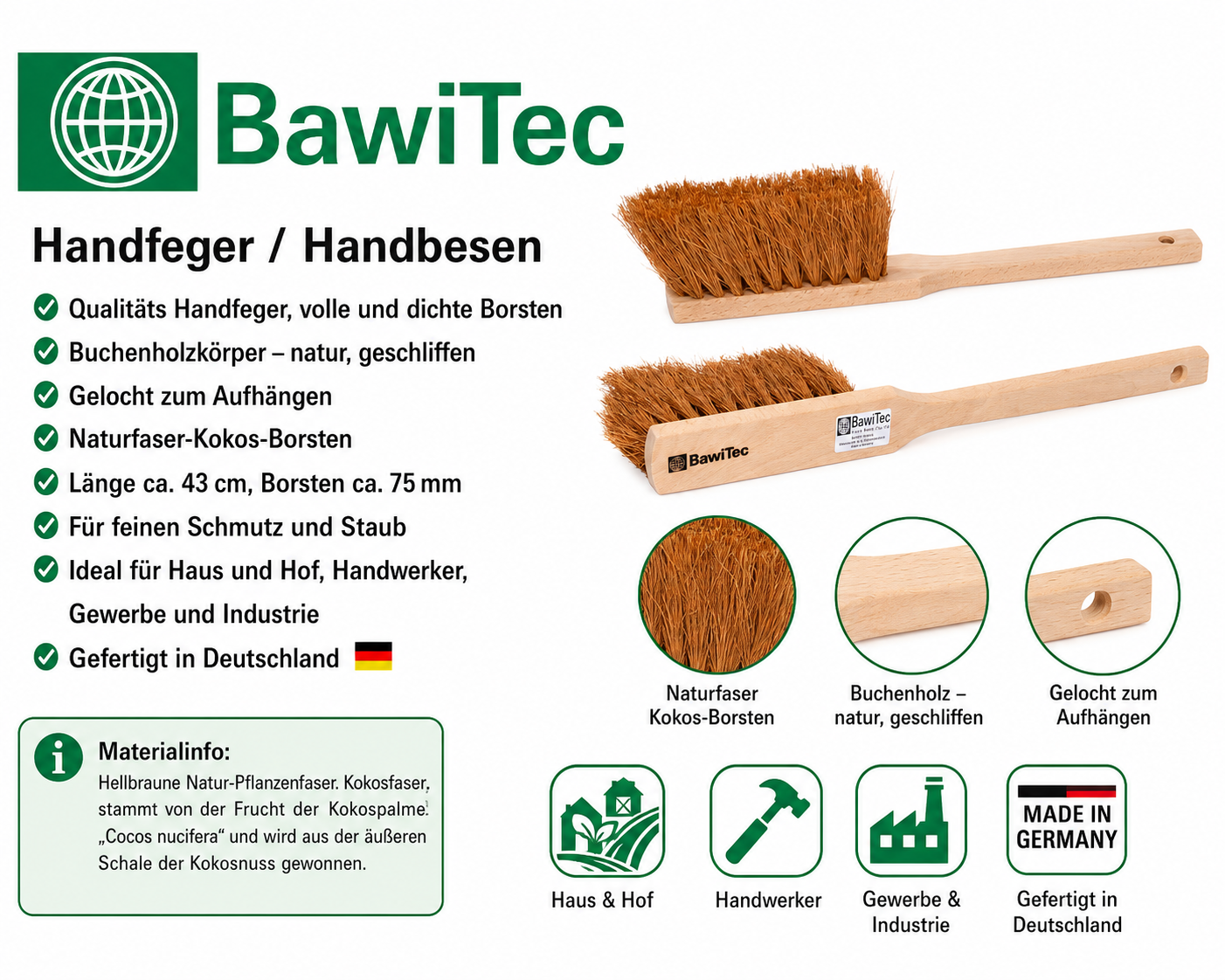 Qualitäts Handfeger mit Langstiel 43cm Lang Kokos-Naturfaser-Borsten Industriehandfeger