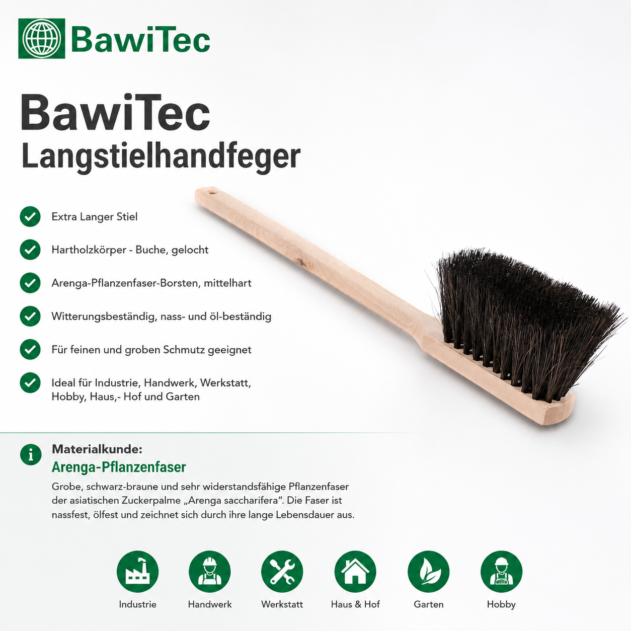 Handfeger mit Langstiel 60cm Lang Arenga-Borsten nass-ölbeständig Sicherheitshandfeger Handwerkerbesen