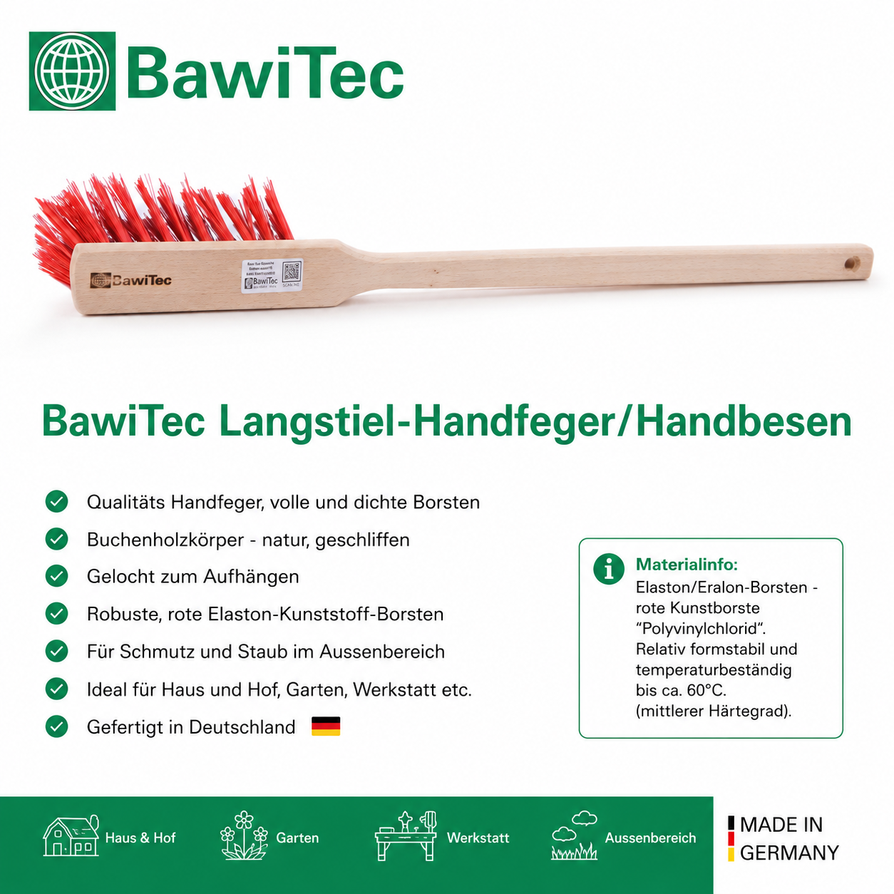 Qualitäts Handfeger mit Langstiel 43cm oder 60cm Lang Kunststoffborsten rot Sicherheitshandfeger