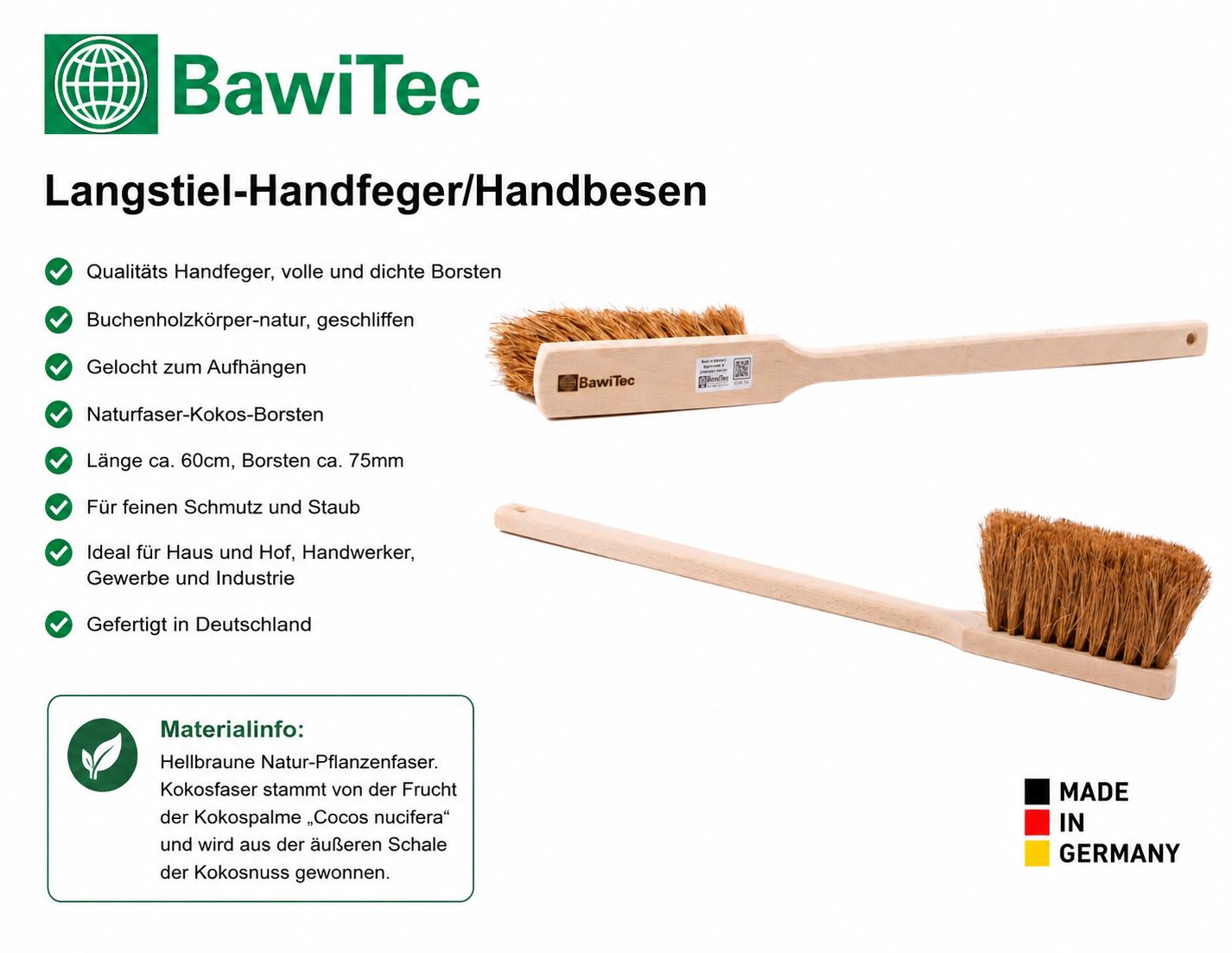 Qualitäts Handfeger mit Langstiel 60cm Lang Kokos-Naturfaser-Borsten Sicherheitshandfeger