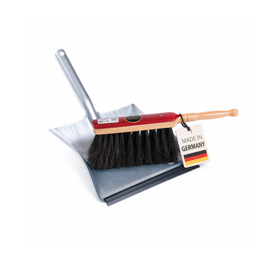 Hochwertige Kehrgarnitur Echt-Rosshaar-Borsten Kehrset 2tlg. Handfeger lackiert und Metall-Kehrschaufel mit Lippe