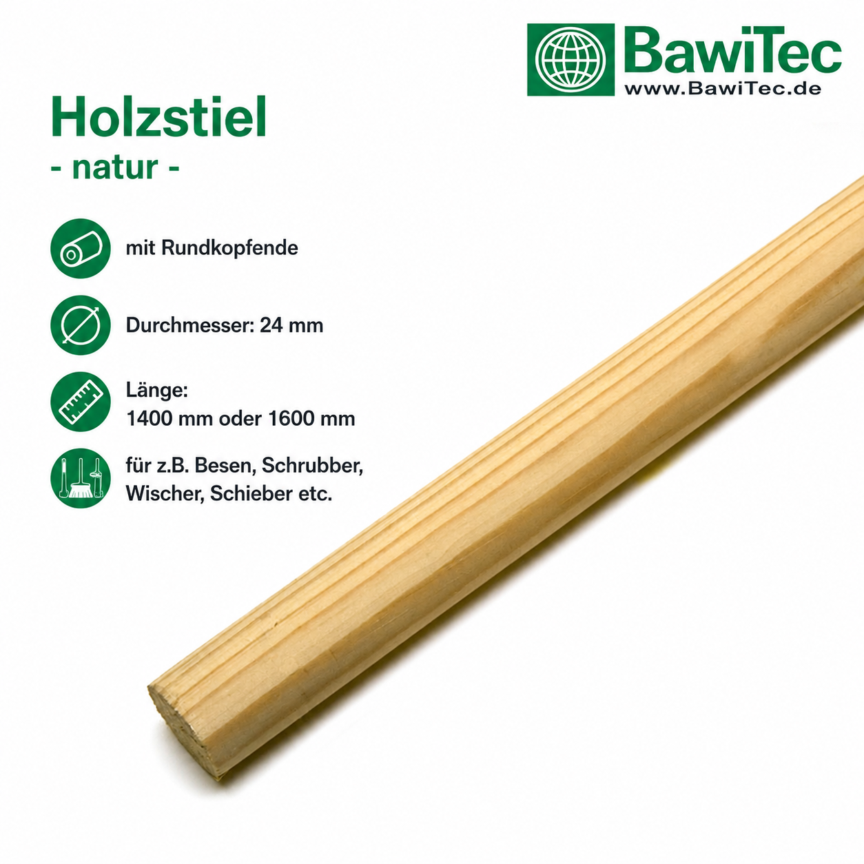 Besenstiel Holzstiel Ø 24mm Länge 140cm, 160cm Stiel für Besen Schrubber Wischer usw.