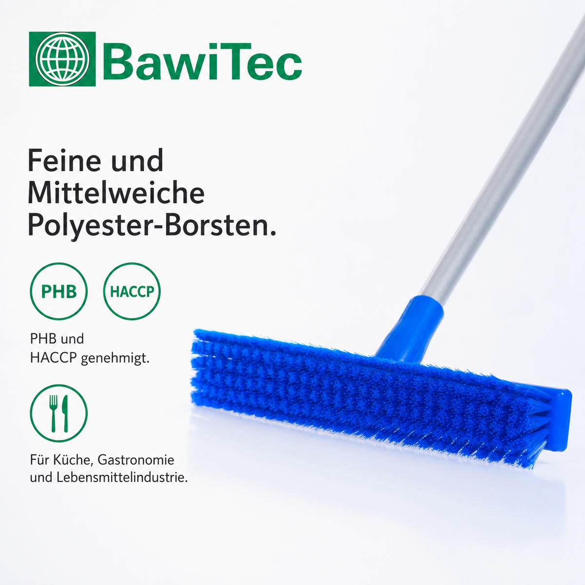 Professional hygiene broom (one-piece) hygiene broom according to HACCP with white or blue aluminum handle