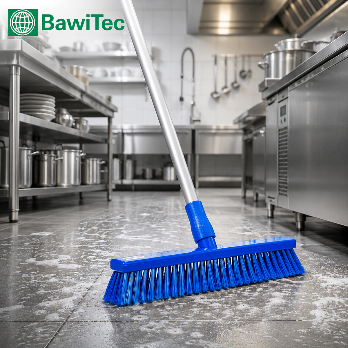 Professional hygiene broom (one-piece) hygiene broom according to HACCP with white or blue aluminum handle