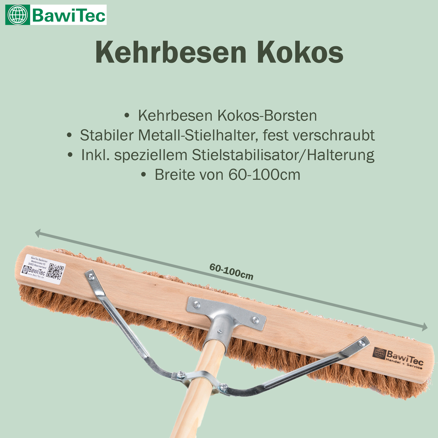 Kehrbesen Kokos-Borsten mit Stielstabilisator und Holzstiel Besenstiel Kokosbesen Naturfaser-Besen stabil