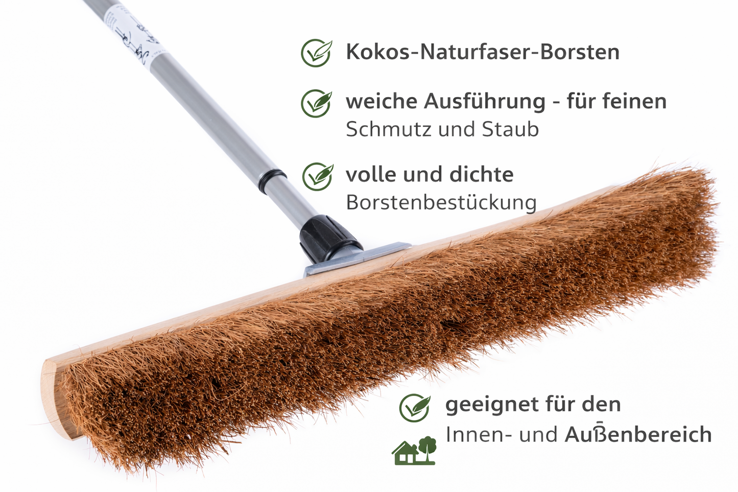 Kokosbesen mit Teleskopstiel stufenlos verstellbar Kehrbesen weiche Kokos-Borsten Besen aus Holz