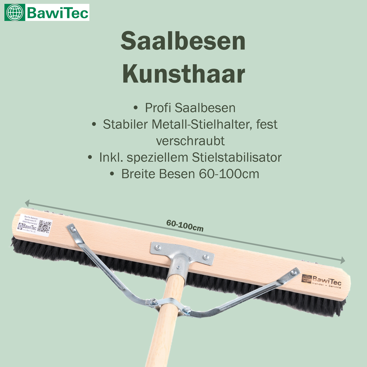 Profi Saalbesen Kunsthaar-Borsten robust mit Stielstabilisator und Holzstiel Besenstiel Großraumbesen Industriebesen