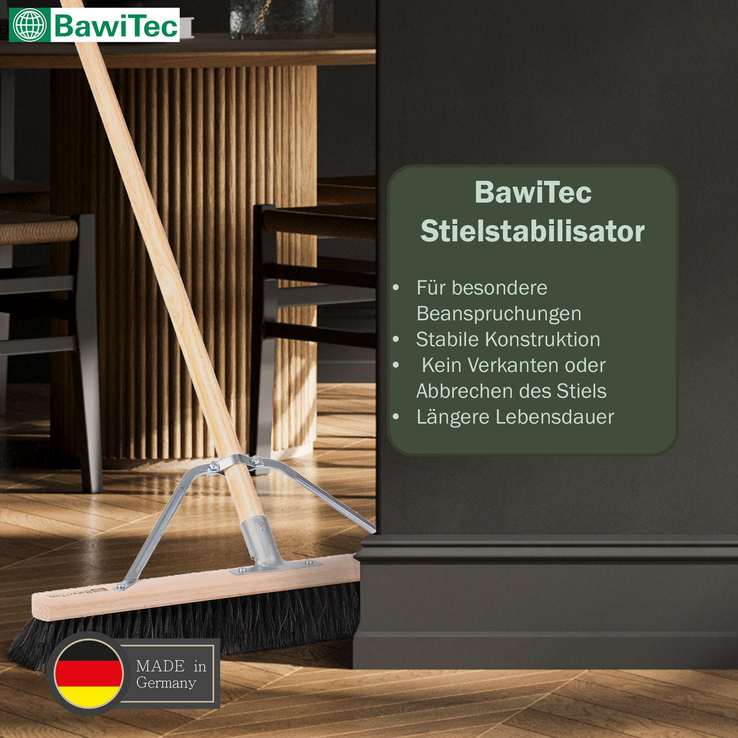 Professioneller Saalbesen Naturhaar/Rosshaar-Borsten mit Stielstabilisator und Holzstiel Stiel Großraumbesen sehr weich Besen