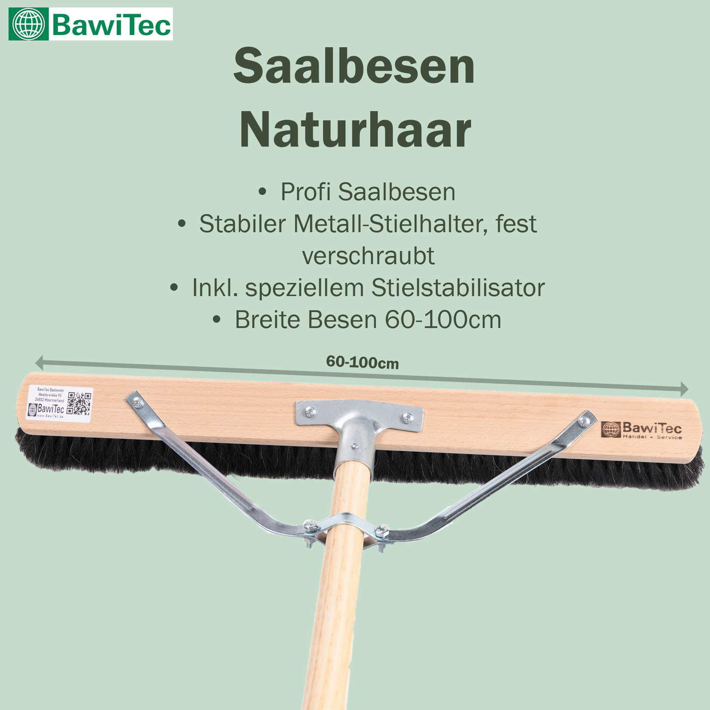 Professioneller Saalbesen Naturhaar/Rosshaar-Borsten mit Stielstabilisator und Holzstiel Stiel Großraumbesen sehr weich Besen